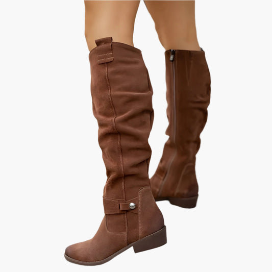 Damen Langschaft-Stiefel mit niedrigem Blockabsatz – City-Boot mit Reißverschluss & Zierschnalle