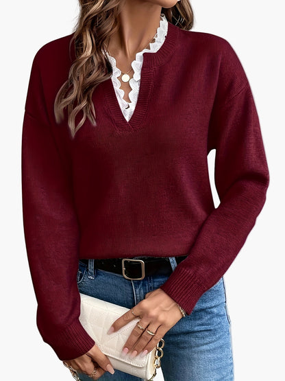 Damen Pullover Elegant mit V-Ausschnitt und Spitzenbesatz – Lockerer Strickpullover für Herbst und Winter