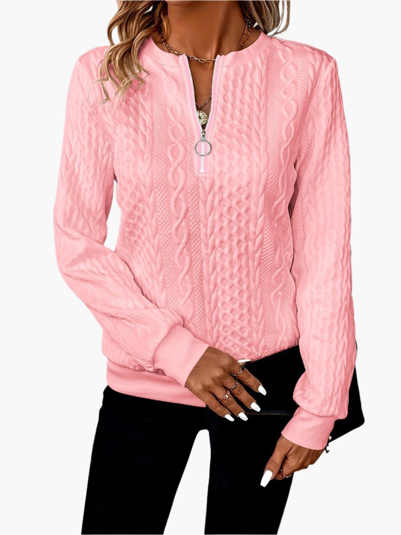 Damen Strickpullover mit Zopfmuster und Reißverschluss – Eleganter Freizeitpulli für Herbst und Winter