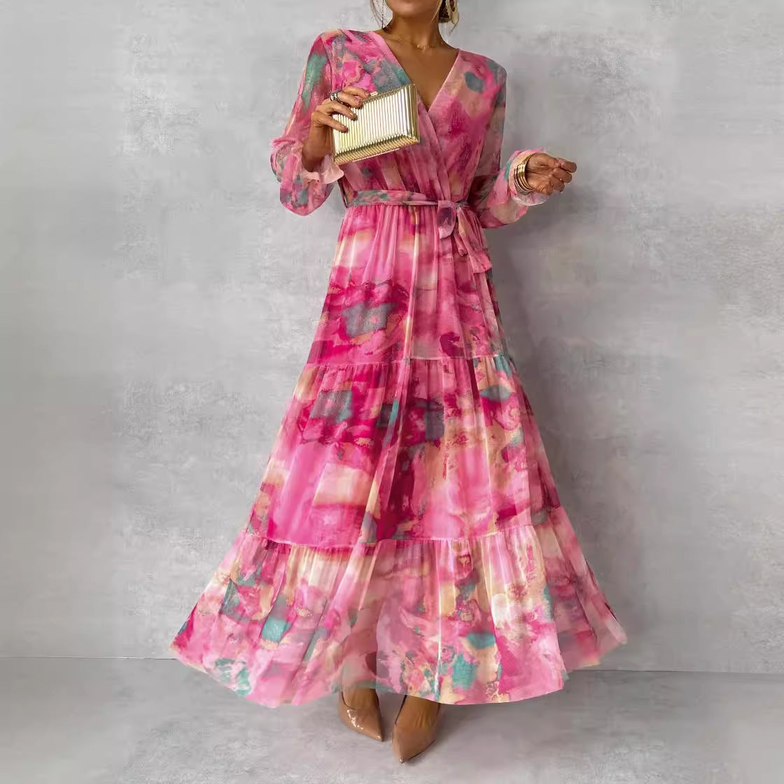 Jenny – Elegantes Chiffon-Kleid mit Kordelzug und Patchwork