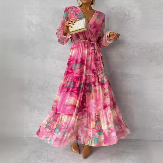 Jenny – Elegantes Chiffon-Kleid mit Kordelzug und Patchwork