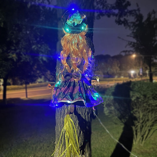 Halloween Hexen-Baumdeko mit Lichterkette – Leuchtende Hängedekoration für draußen