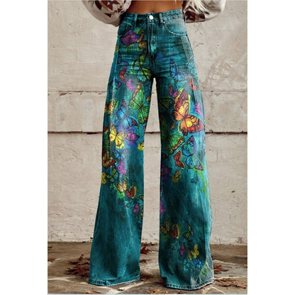Heather – Bedruckte Damenhose mit weitem Bein aus dünnem veganem Denim