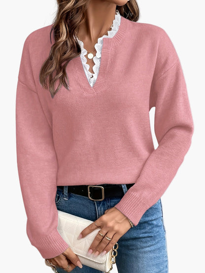 Damen Pullover Elegant mit V-Ausschnitt und Spitzenbesatz – Lockerer Strickpullover für Herbst und Winter