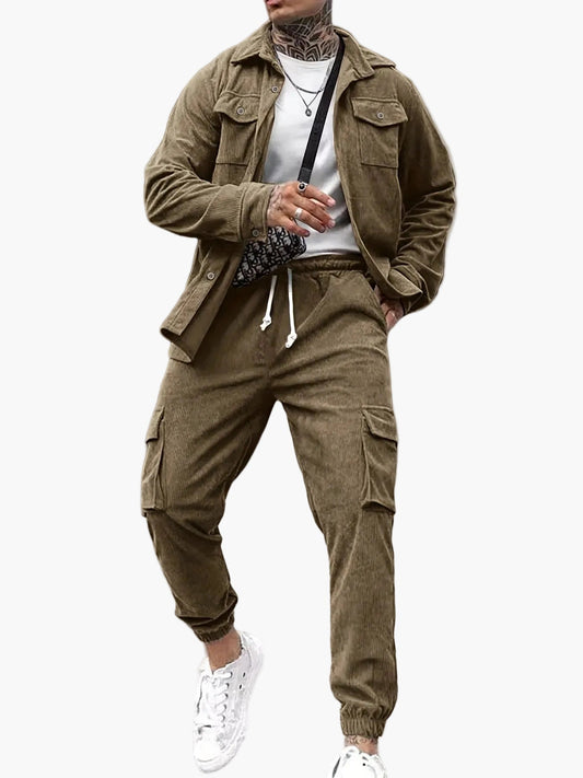 Herren Cord Freizeitanzug Zweiteiler – Lässiges Set mit Jacke und Cargohose, Streetwear Stil