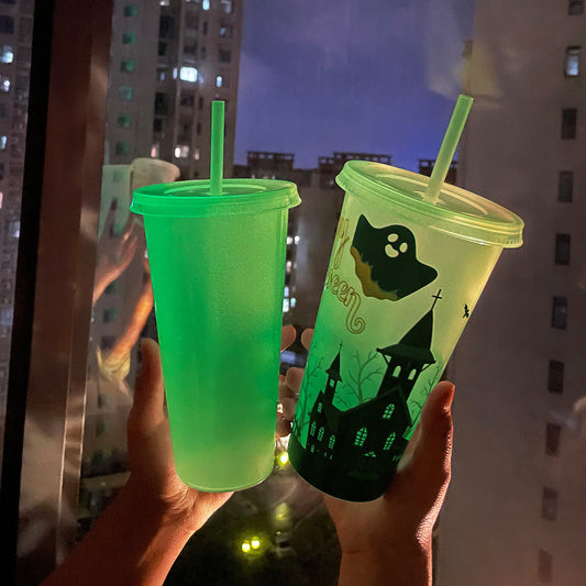 Halloween Becher mit Strohhalm – Leuchtender Partybecher für Halloween-Partys & Gruselige Dekoration