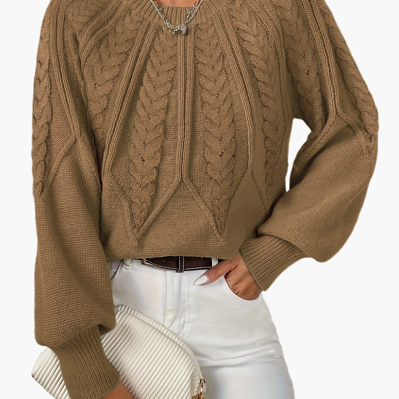 Damen Strickpullover mit Zopfmuster und Rundhalsausschnitt – Eleganter Alltagslook für Frühling & Herbst