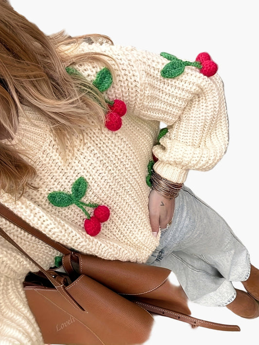 Damen Strickpullover mit Kirsch-Applikationen, lässiger Herbst/Winter Style
