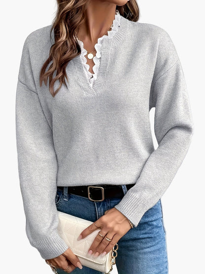 Damen Pullover Elegant mit V-Ausschnitt und Spitzenbesatz – Lockerer Strickpullover für Herbst und Winter