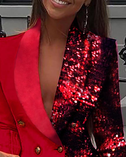 Damen Partykleid Mini mit Pailletten und Patchwork, Sexy Blazer-Stil, Tiefer V-Ausschnitt, Langarm – Perfekt für festliche Anlässe