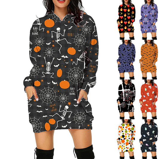 Damen Halloween Hoodie Kleid – Bequemes Freizeitkleid mit lustigen Motiven für Party & Kostüm