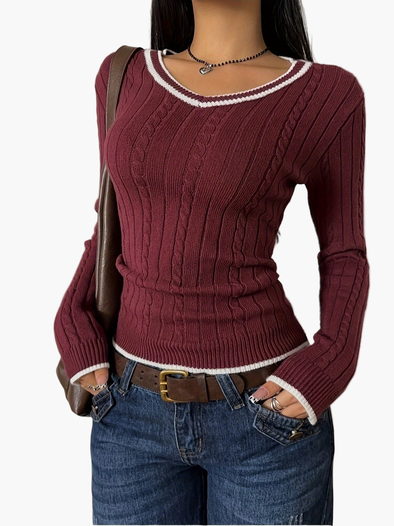 Damen Strickpullover mit V-Ausschnitt und Kontrastkante – Modischer Casual-Look für Alltag und Büro