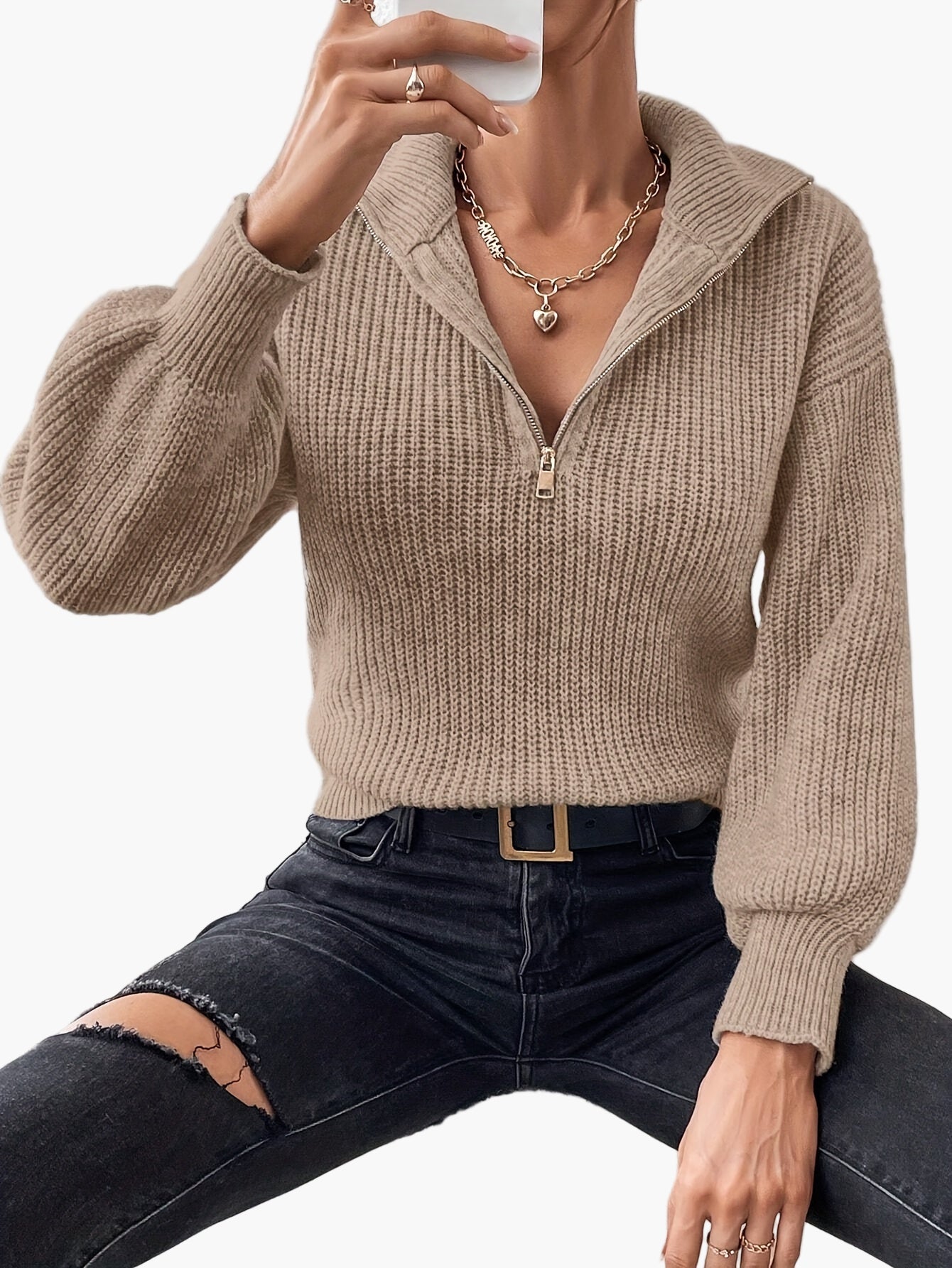 Damen Strickpullover mit Reißverschluss und elegantem Kragen – Modischer Freizeit-Look