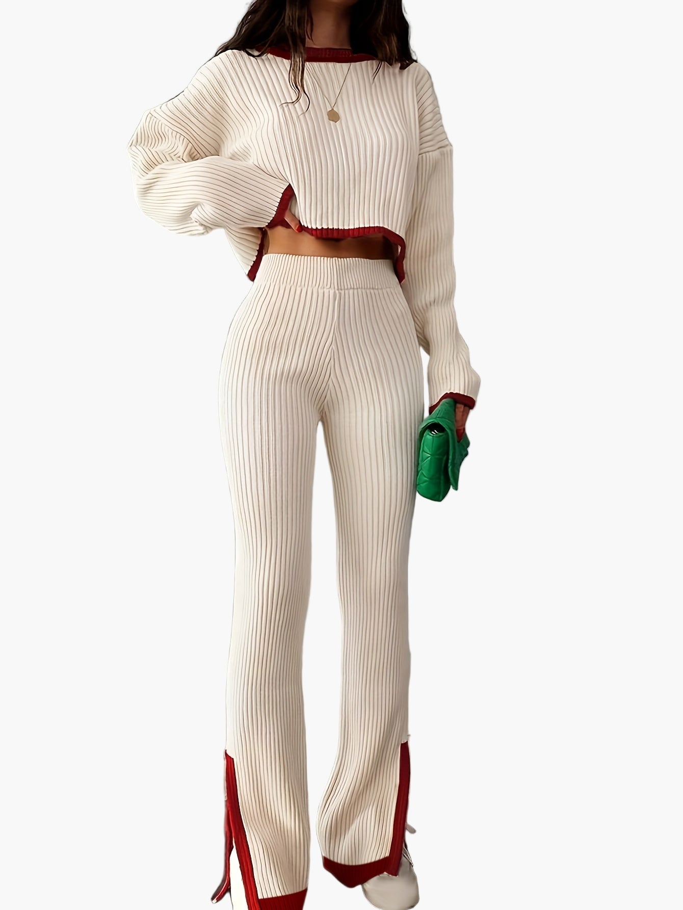 Damen Elegantes Strickset mit weitem Bein – Perfekt für Herbst und Winter, modischer Zweiteiler mit Pullover und Hose