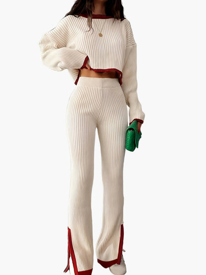 Damen Elegantes Strickset mit weitem Bein – Perfekt für Herbst und Winter, modischer Zweiteiler mit Pullover und Hose