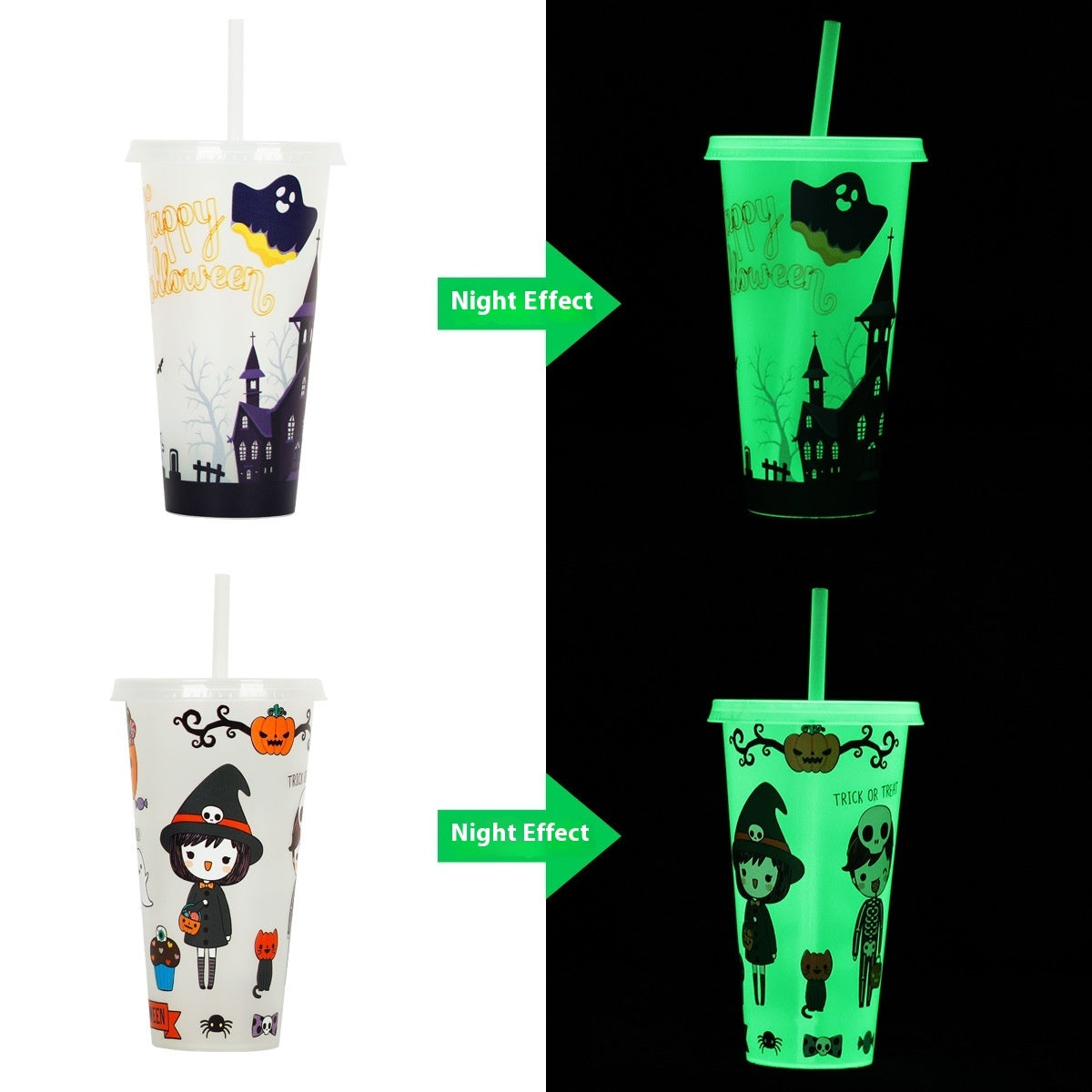 Halloween Becher mit Strohhalm – Leuchtender Partybecher für Halloween-Partys & Gruselige Dekoration