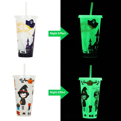 Halloween Becher mit Strohhalm – Leuchtender Partybecher für Halloween-Partys & Gruselige Dekoration