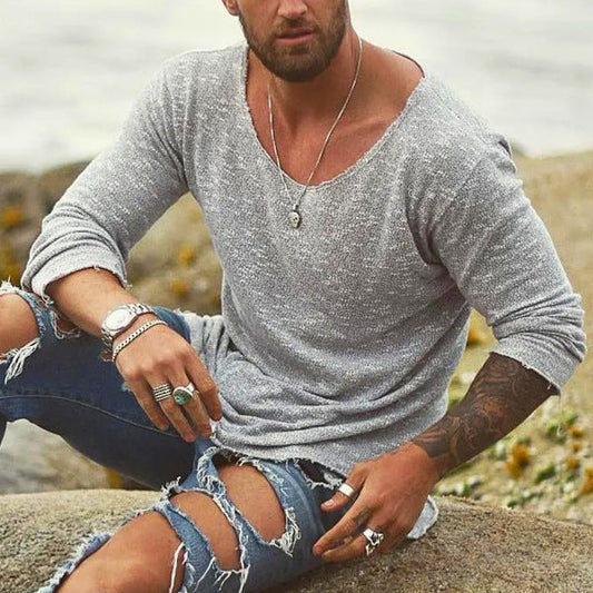 Herren Strickshirt mit weitem Rundhalsausschnitt – Lässiges Langarm-Oberteil im Vintage-Look