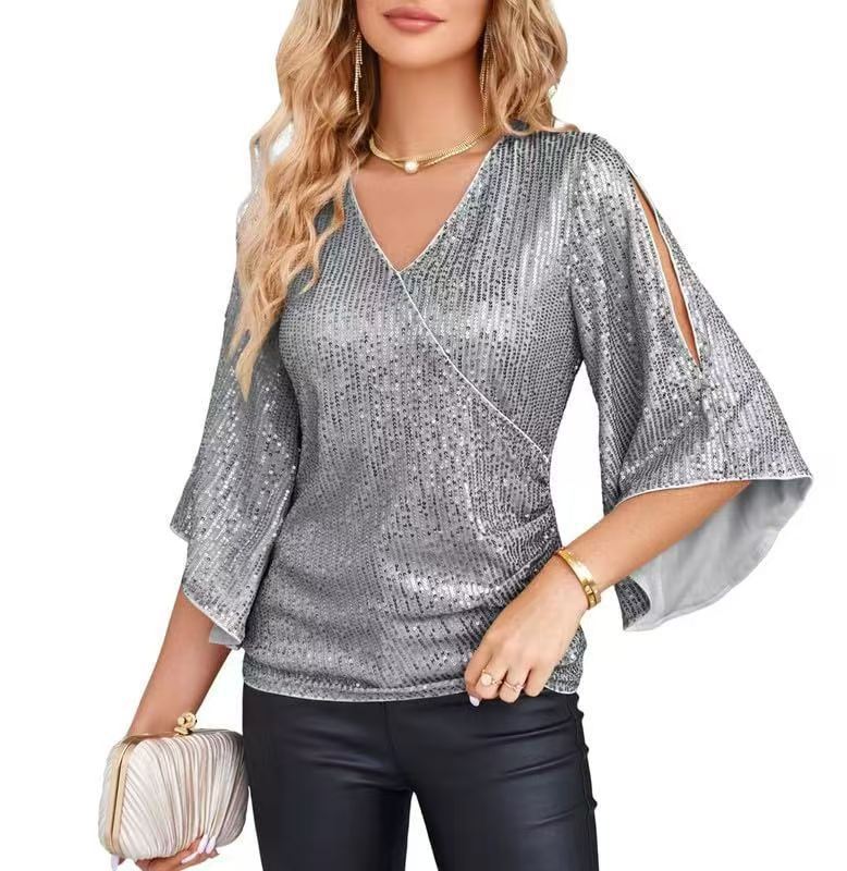 Alice – Pailletten T-Shirt für Damen, Kurzarm, mittellang