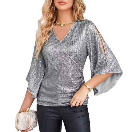Alice – Pailletten T-Shirt für Damen, Kurzarm, mittellang