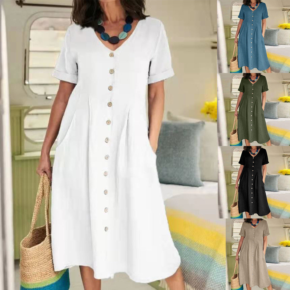 Louise – Lockeres Kleid aus Baumwolle und Leinen mit hohem Bund
