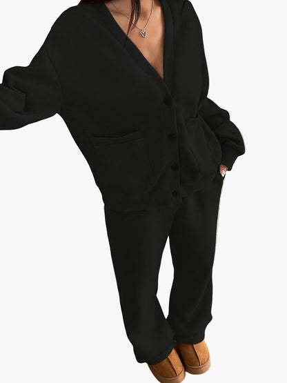 Damen Kuschelige Freizeit Hausanzug Set – Loungewear mit Cardigan und Jogginghose