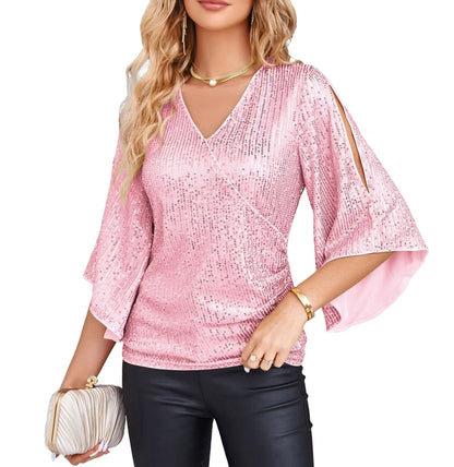 Alice – Pailletten T-Shirt für Damen, Kurzarm, mittellang