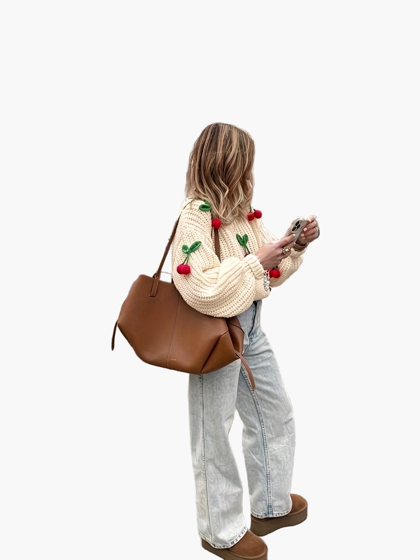 Damen Strickpullover mit Kirsch-Applikationen, lässiger Herbst/Winter Style