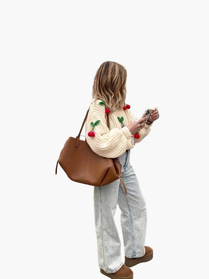 Damen Strickpullover mit Kirsch-Applikationen, lässiger Herbst/Winter Style