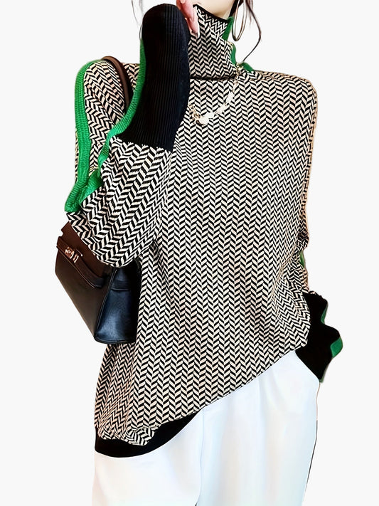 Damen Eleganter Strickpullover mit Stehkragen und modernem Patchwork-Muster – Herbst/Winter Freizeit & Büro