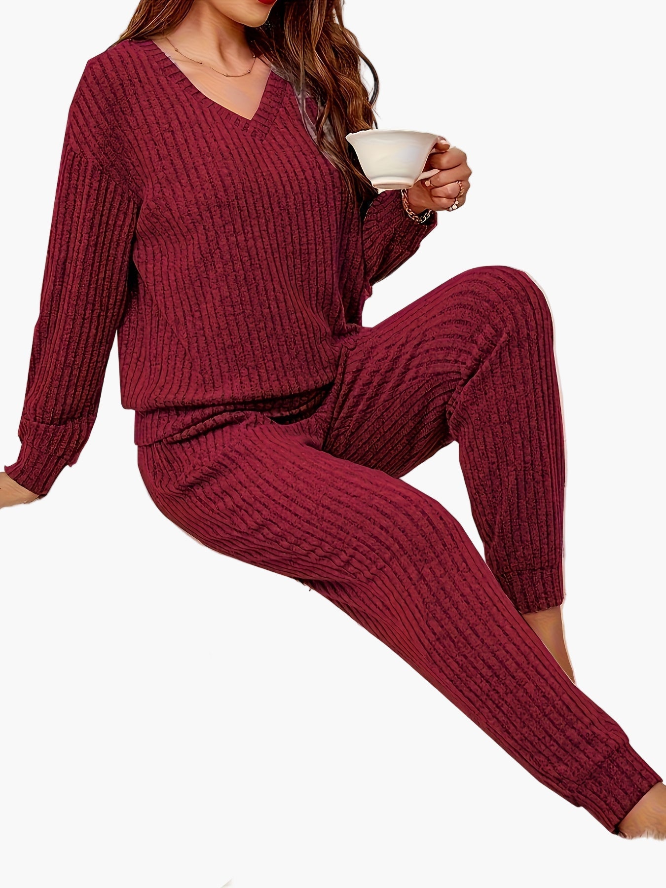 Damen Kuscheliger Zweiteiler Lounge-Set mit Strickmuster – Bequemer Freizeit Hausanzug