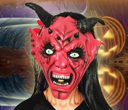 Halloween Dämonenmaske für Erwachsene – Gruselige Latex Teufelsmaske mit Hörnern für Kostüm & Party