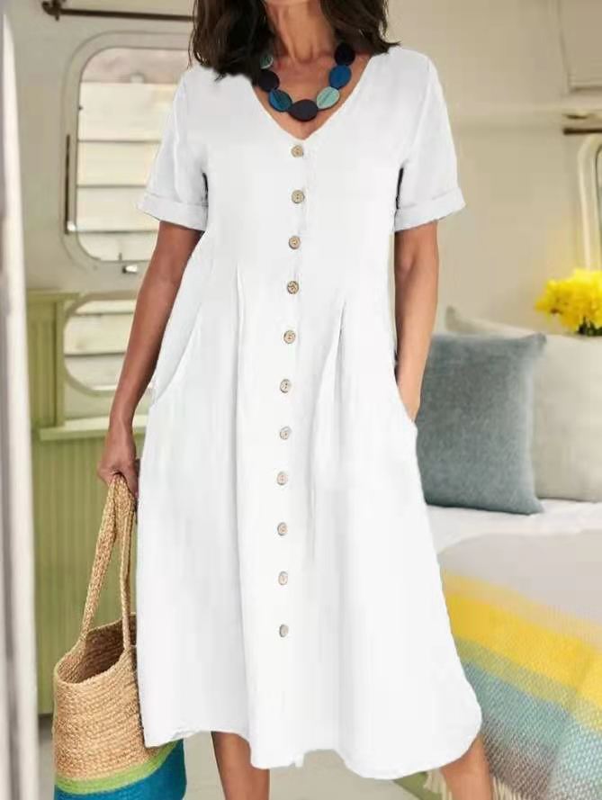 Louise – Lockeres Kleid aus Baumwolle und Leinen mit hohem Bund