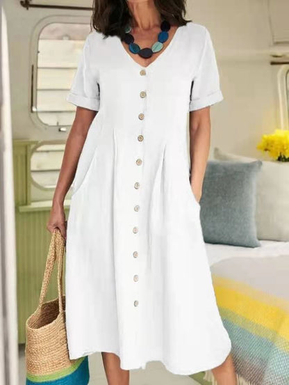Louise – Lockeres Kleid aus Baumwolle und Leinen mit hohem Bund