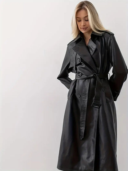 Damen Trenchcoat – Eleganter Leder-Look, Lang, Doppelreihig, Mit Taillengürtel, Stilvoll Für Herbst & Winter