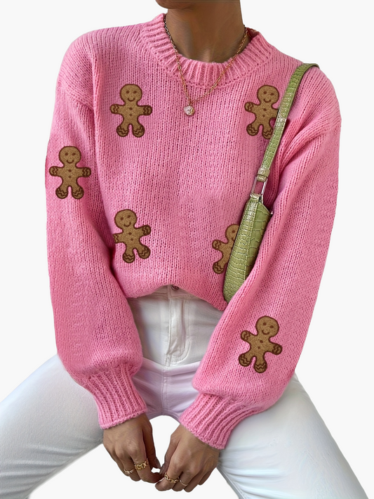 Damen Pullover im verspielten Stil mit Lebkuchenmännchen – Modischer Strick für Herbst und Winter