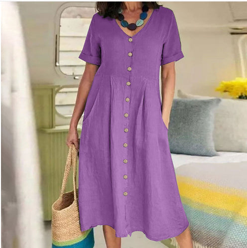 Louise – Lockeres Kleid aus Baumwolle und Leinen mit hohem Bund