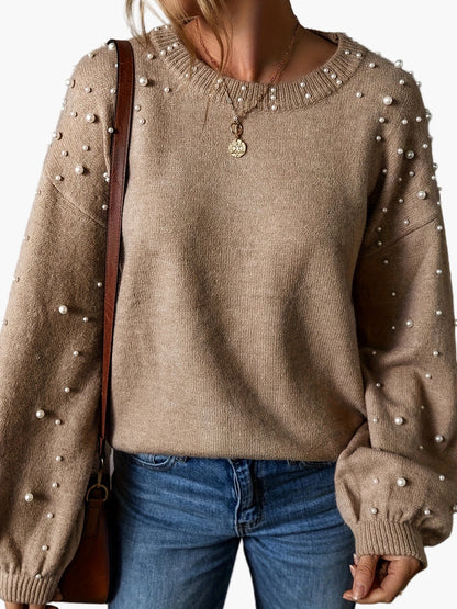 Damen Pullover Elegant Strickpullover mit Perlenbesatz und Rundhalsausschnitt – Modischer Freizeit-Look