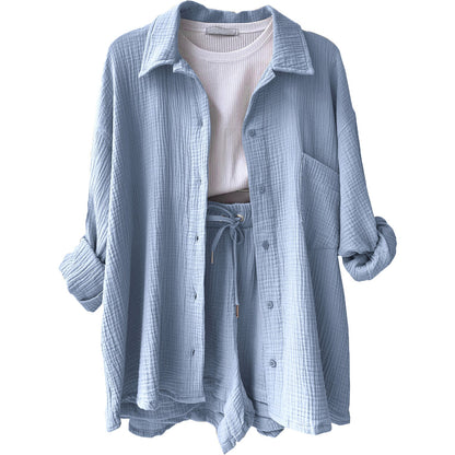 Damen 3-teiliges Freizeit-Set mit Hemd, Crop-Top und Shorts – Perfekt für entspannte Sommertage