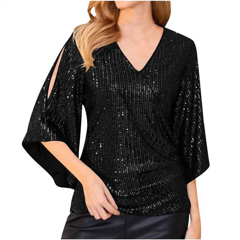 Alice – Pailletten T-Shirt für Damen, Kurzarm, mittellang