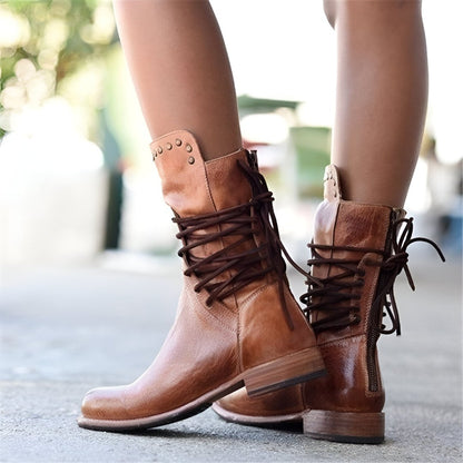Damen Vintage Leder Stiefeletten mit Schnürung – Robuste Booties für Abenteuer & Freizeit