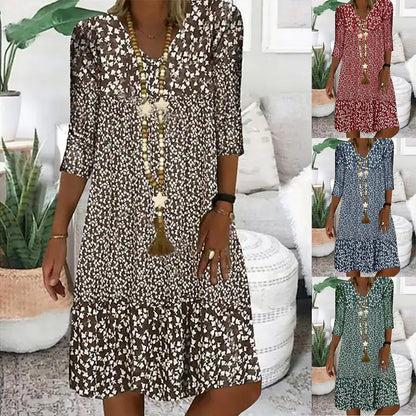 Damen Boho Blumenkleid mit 3/4-Ärmeln – Luftig & Bequem für Alltag und Urlaub