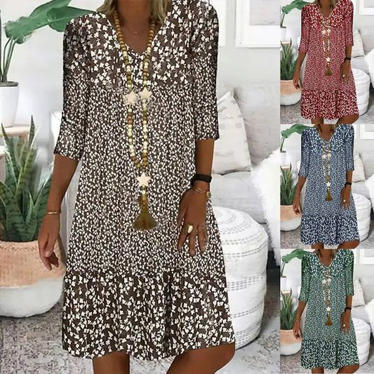 Damen Boho Blumenkleid mit 3/4-Ärmeln – Luftig & Bequem für Alltag und Urlaub