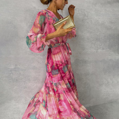 Jenny – Elegantes Chiffon-Kleid mit Kordelzug und Patchwork