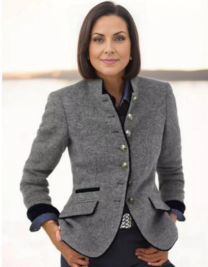 Eleganter Damen Veganwolle Blazer mit Stehkragen und Kontrastdetails – Herbststil