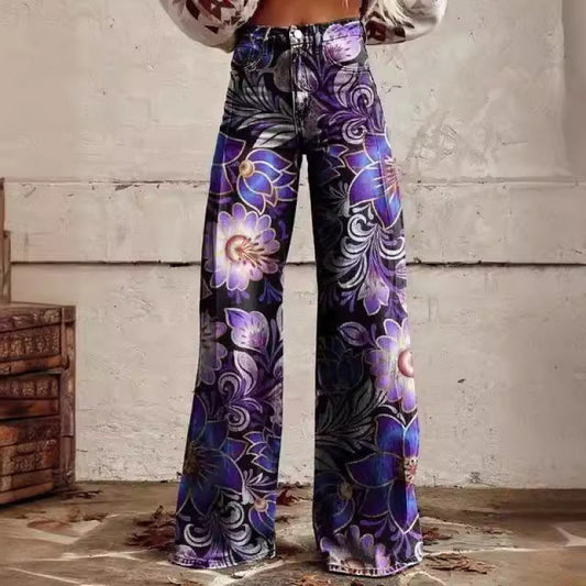 Heather – Bedruckte Damenhose mit weitem Bein aus dünnem veganem Denim