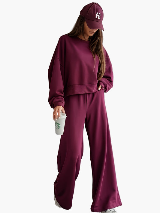 Damen Elegantes Freizeit-Set mit Oversize-Sweatshirt und Weitbein-Hose – Perfekt für Alltag und Sport