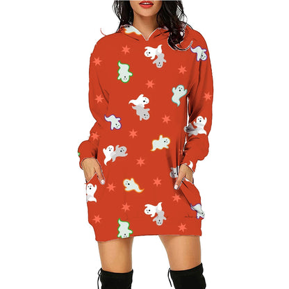 Damen Halloween Hoodie Kleid – Bequemes Freizeitkleid mit lustigen Motiven für Party & Kostüm