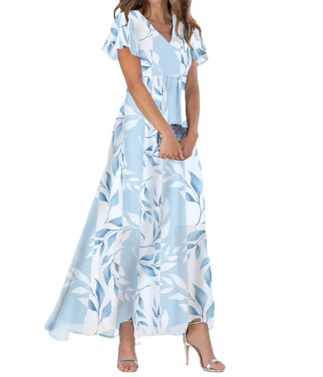 Damen Maxikleid mit tiefem V-Ausschnitt und fließendem Blumendesign