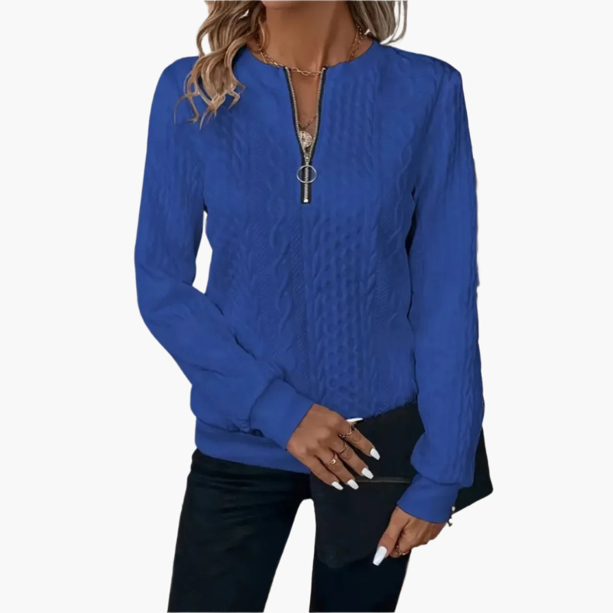 Damen Strickpullover mit Zopfmuster und Reißverschluss – Eleganter Freizeitpulli für Herbst und Winter